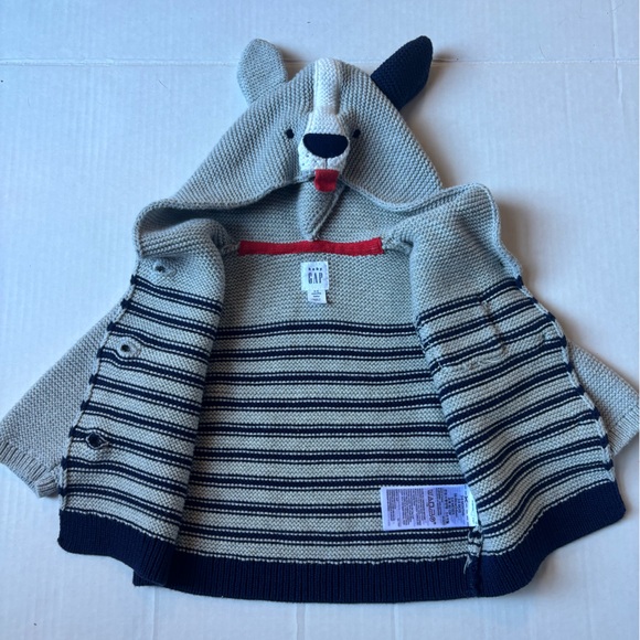 GAP Baby Knit Hooded Cardigan Striped Sweater 3-6 Months Animal Bear Cute Cotton - Picture 6 of 10
